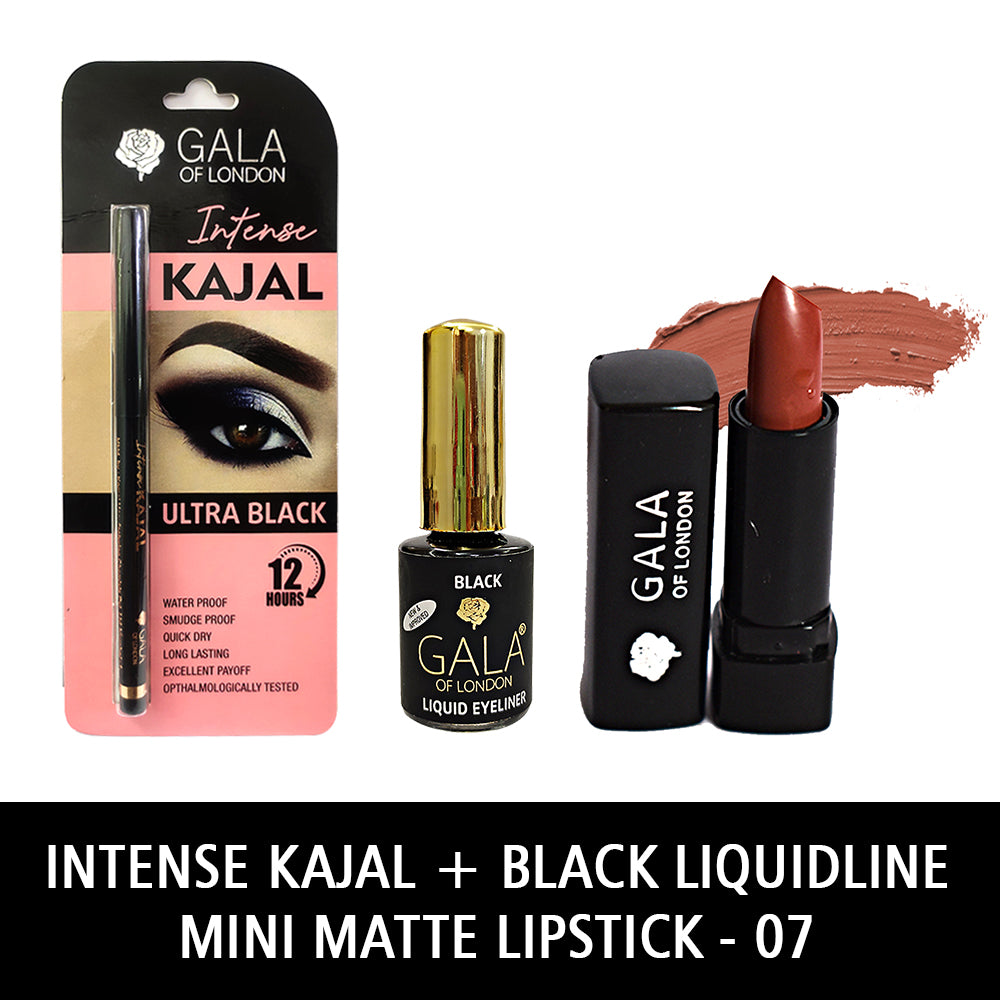 Gala of London Intense Kajal, Retro Eyeliner Black & Mini Matte Lipsti