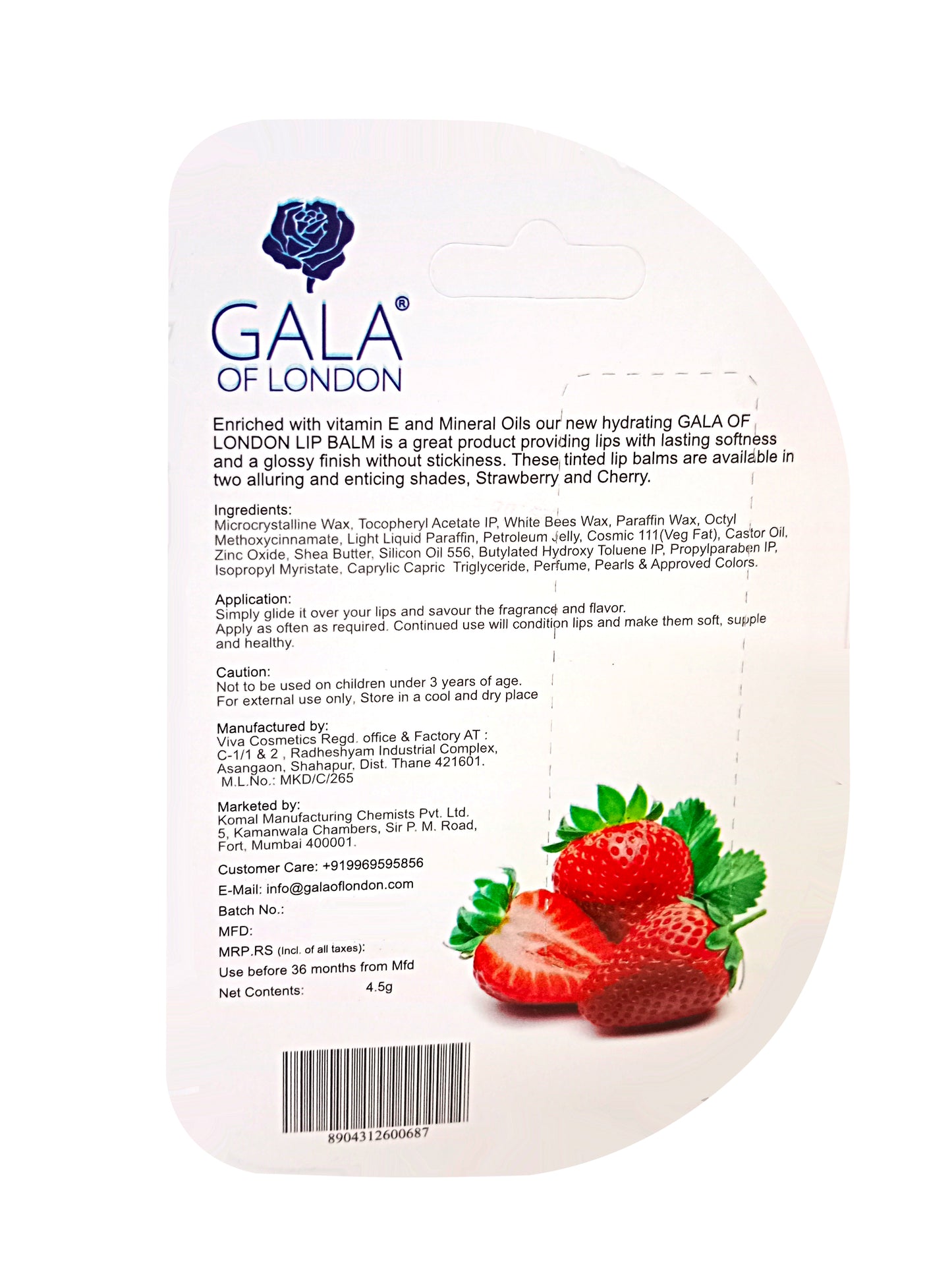 Gala of London Lip Balm - Strawberry (Enriched with Vitamin E, Glossy Shine)