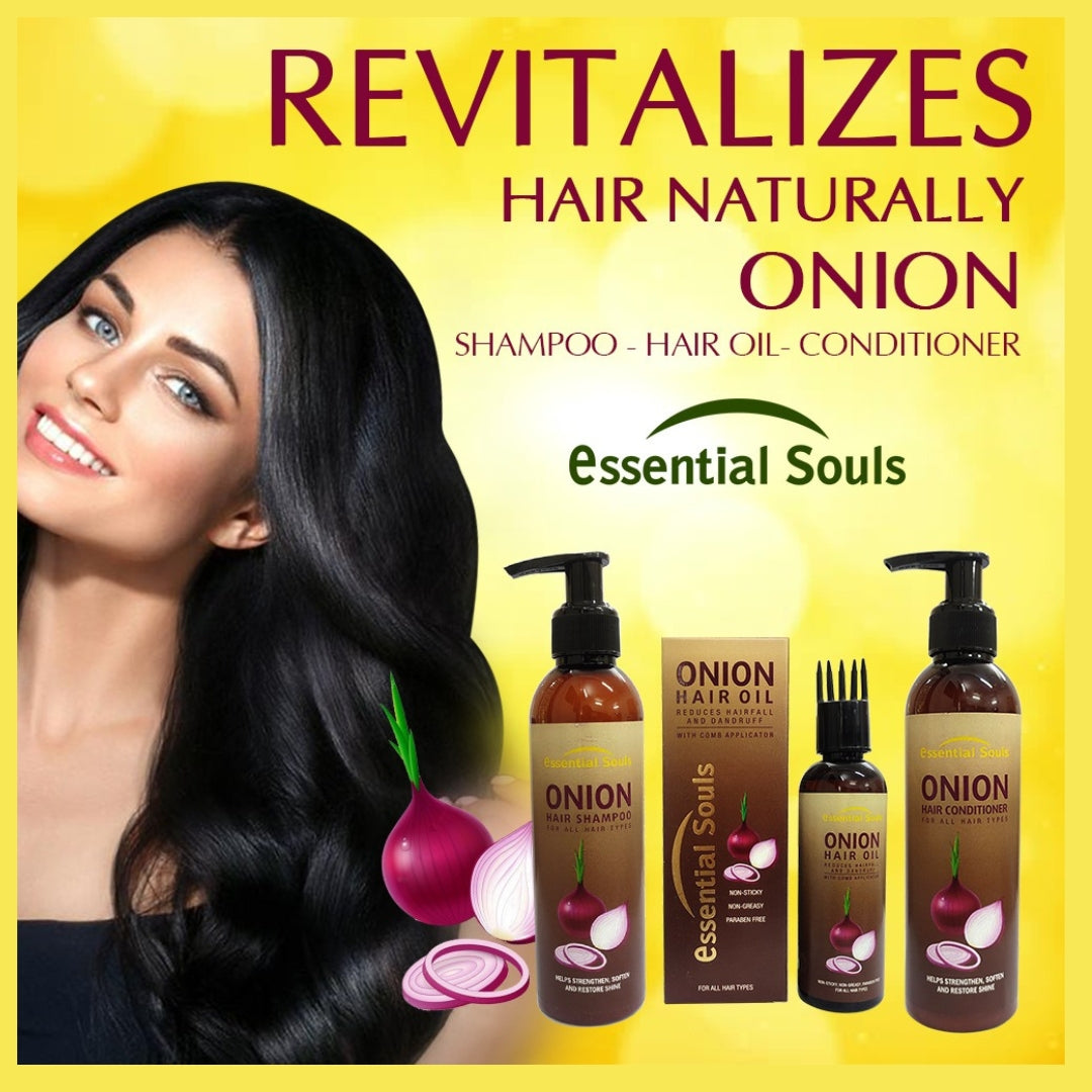 Unleash the Power of Essential Souls Onion Hair Care Trio: Shampoo, Conditioner, and Hair Oil