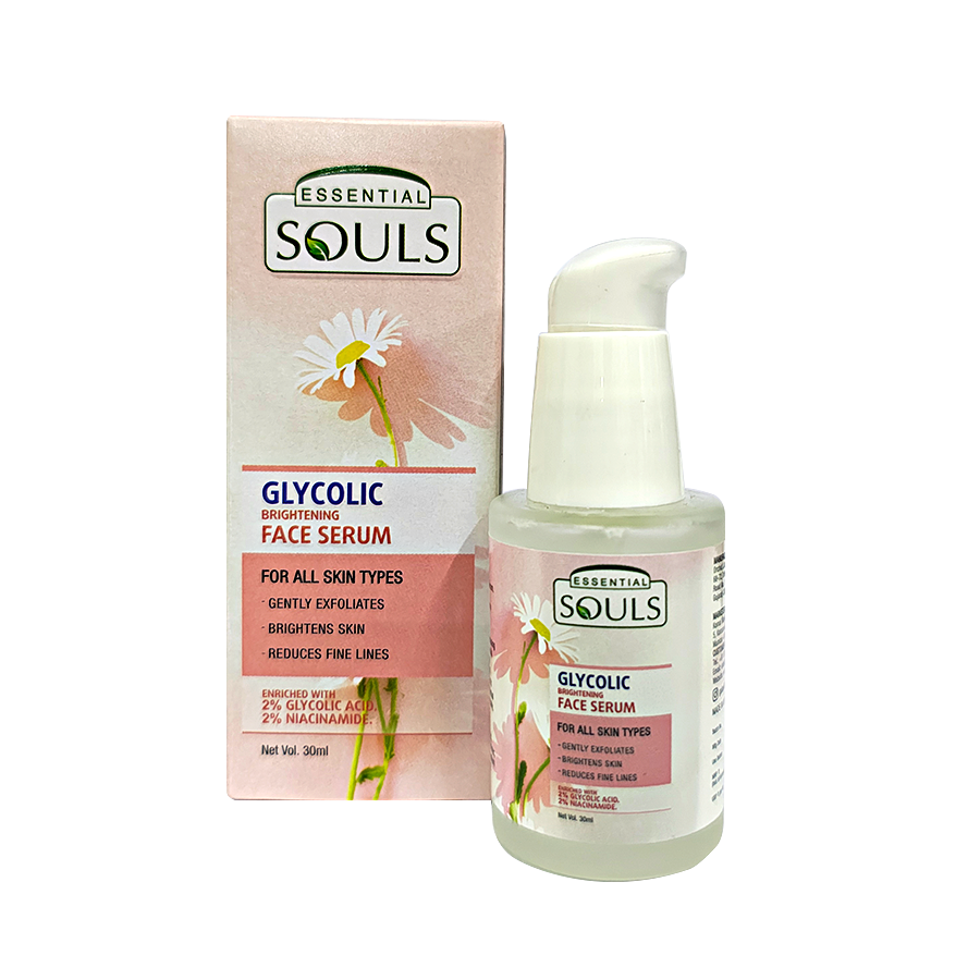 Essential Souls Glycolic Brightening Face Serum 30ml | Enriched with 2% Glycolic Acid & 2% Niacinamide | Gently Exfoliates, Brightens Skin, and Reduces Fine Lines | For All Skin Types"