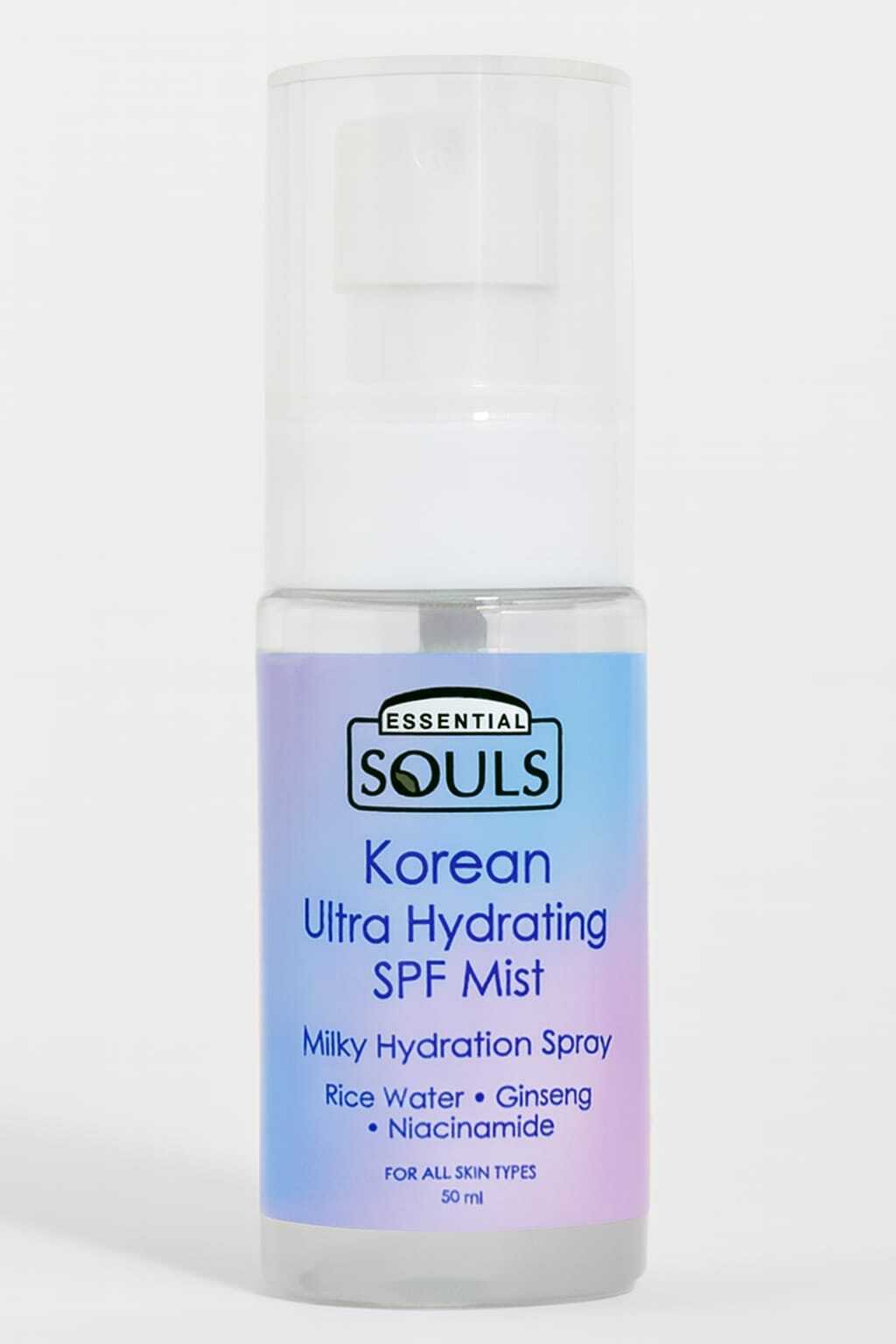 Essential Souls Korean Ultra Hydrating SPF Mist 50ml – Milky Facial Sunscreen Spray with Rice Water, Ginseng & Niacinamide – Lightweight Dewy Finish, Soothing & Barrier Support