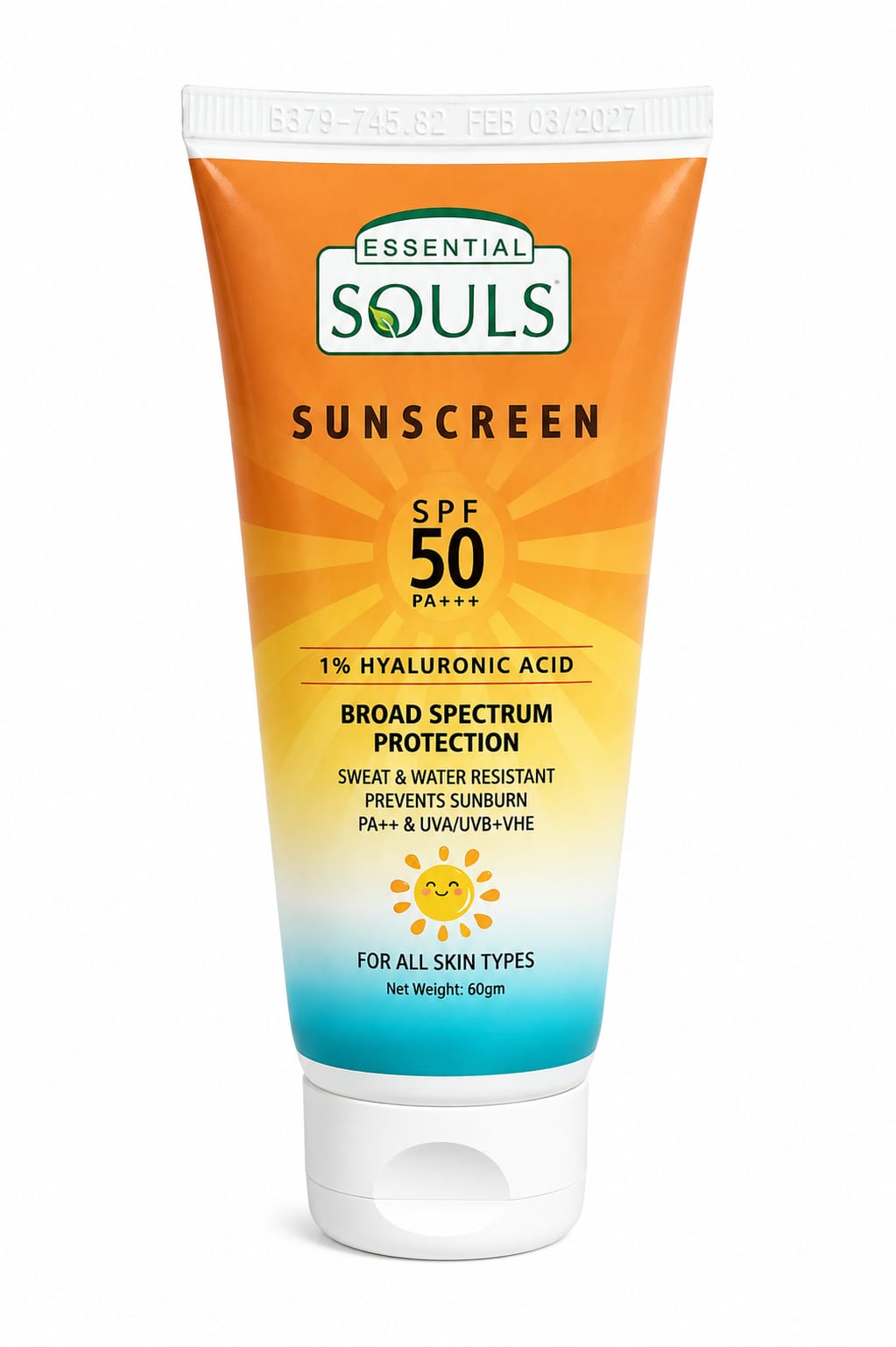 Essential Souls Sunscreen SPF 50 PA++++ 60gm with 1% Hyaluronic Acid, Broad Spectrum Sun Protection, Sweat & Water Resistant, with Aloe Vera, Licorice, Green Tea & Niacinamide, For All Skin Types