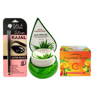 Gala of London Intense Kajal ,Essential SoulsAlover Gel-100gm ,Day Moist (Cream With SPF) Enriched with Vitamin C - 50g