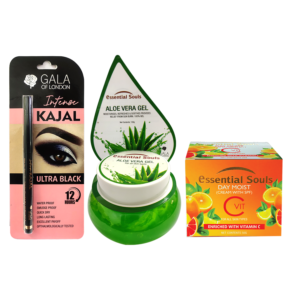 Gala of London Intense Kajal ,Essential SoulsAlover Gel-100gm ,Day Moist (Cream With SPF) Enriched with Vitamin C - 50g