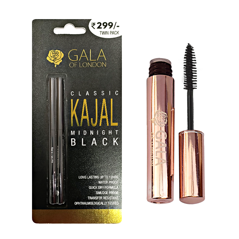 Gala of London Smokey Eyes! - Combo of Lash  All weather Mascara & Classic Kajal Midnight Black - Twin Pack