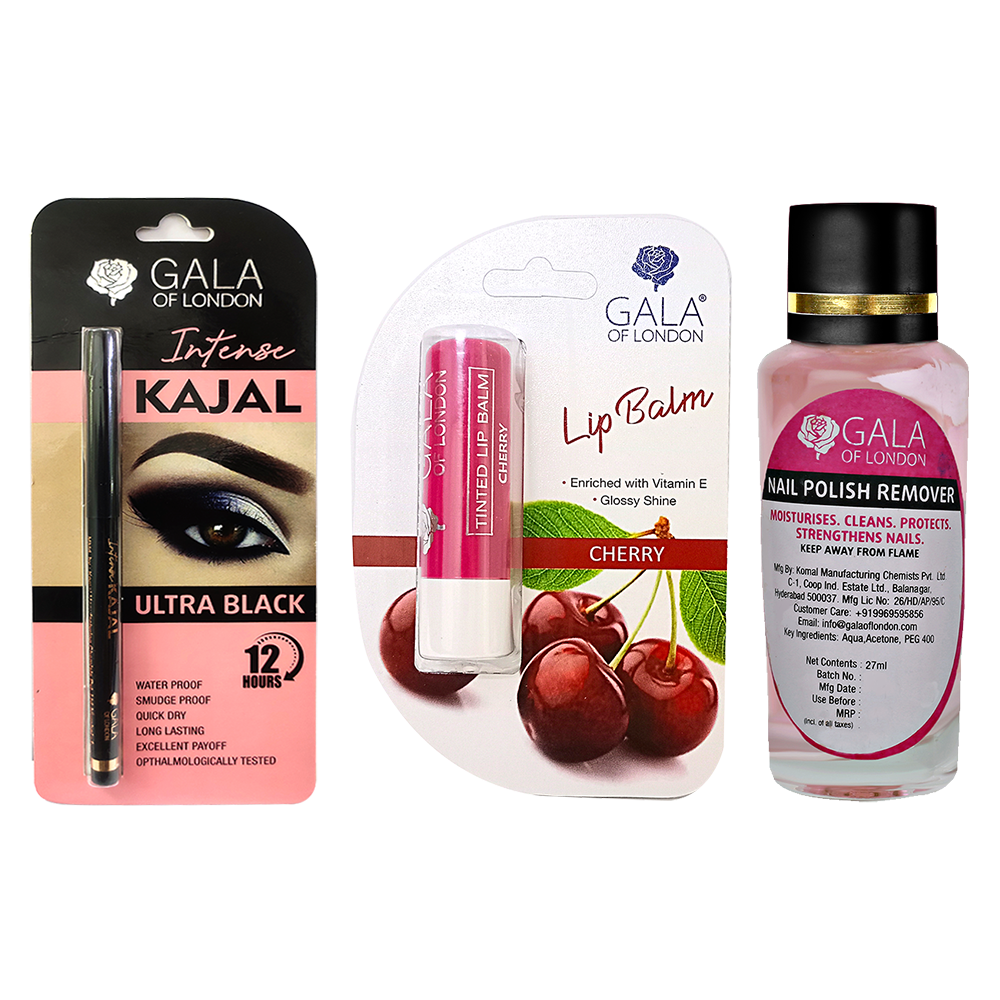 Gala of London Lip Balm - Strawberry, Intense Kajal & Nail Polish Remover - 27ml