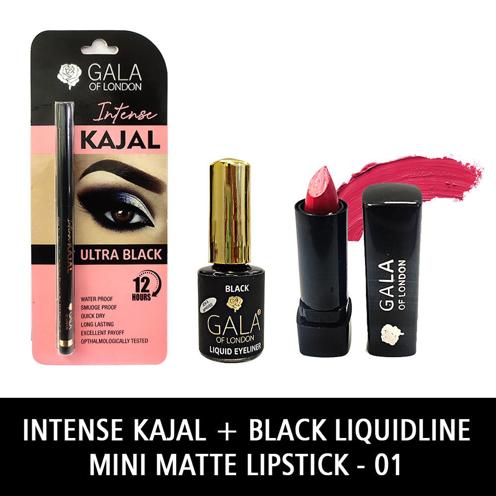 Gala of London Intense Kajal, Retro Eyeliner & Mini Matte Lipstick 01 Hot Pink Combo