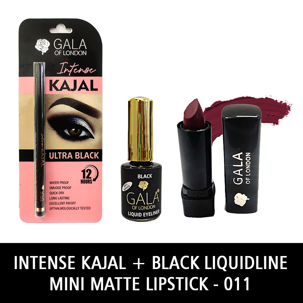 Gala of London Intense Kajal, Retro Eyeliner Black & Mini Matte Lipstick 10 Purple combo