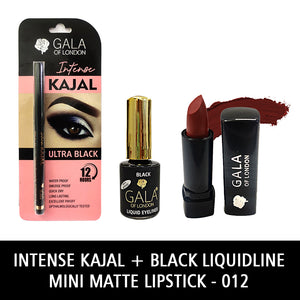 Gala of London Intense Kajal, Retro Eyeliner Black & Mini Matte Lipstick 11 Berry combo