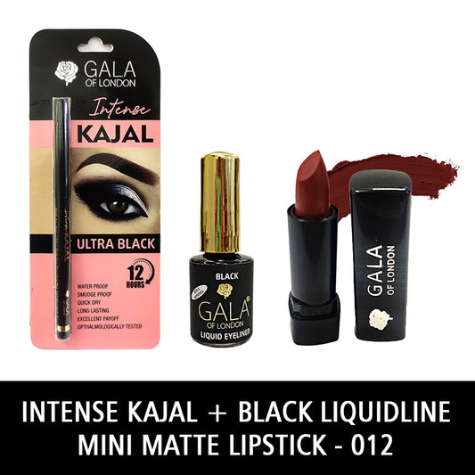 Gala of London Intense Kajal, Retro Eyeliner Black & Mini Matte Lipstick 12 Choco Combo