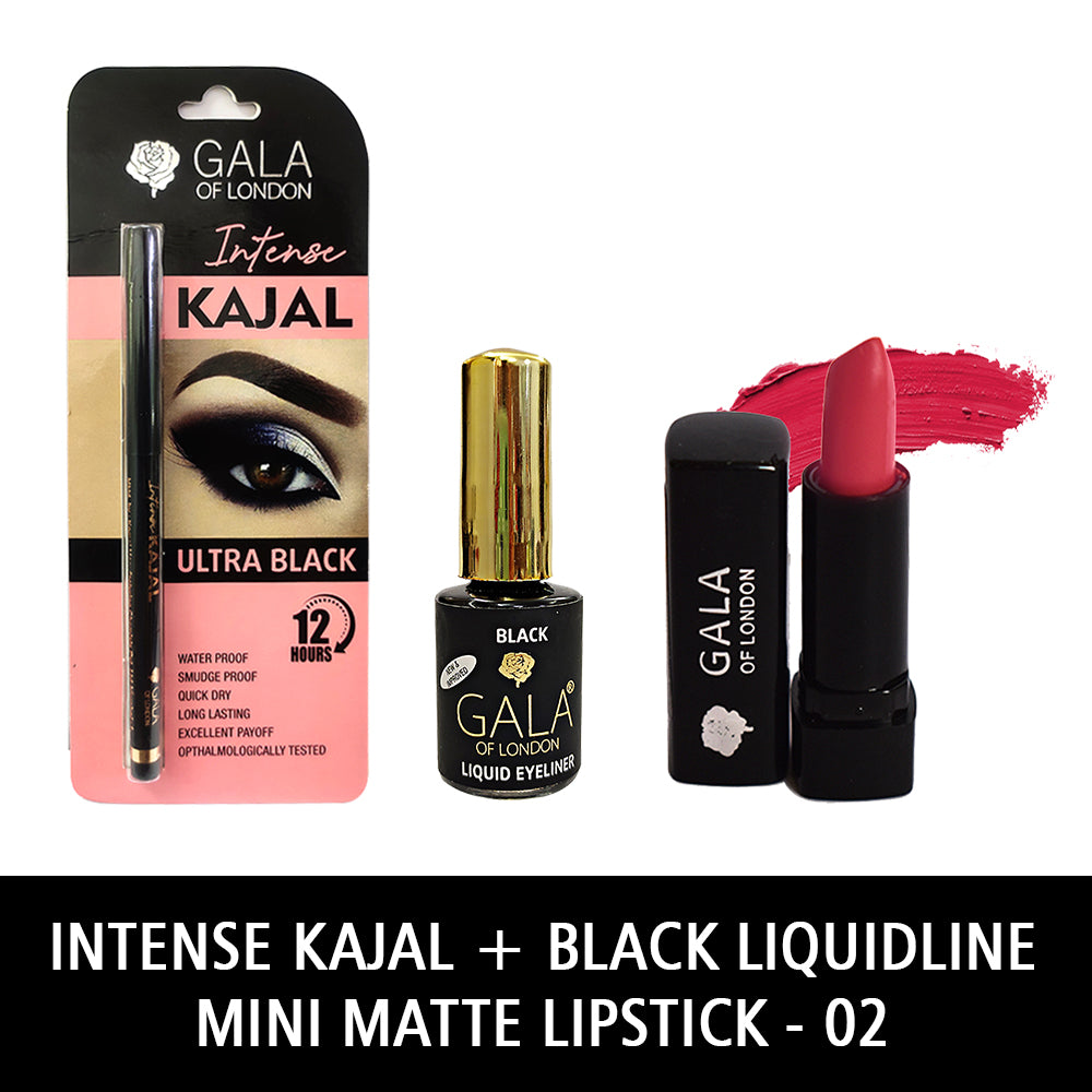 Gala of London Intense Kajal, Retro Eyeliner Black & Mini Matte Lipstick 02 Fashion Pink Combo