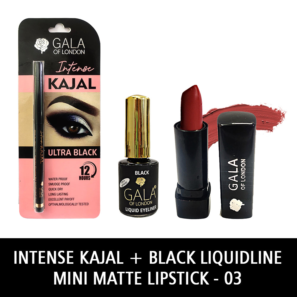 Gala of London Intense Kajal, Retro Eyeliner Black & Mini Matte Lipstick 03 Rosy Glow Combo