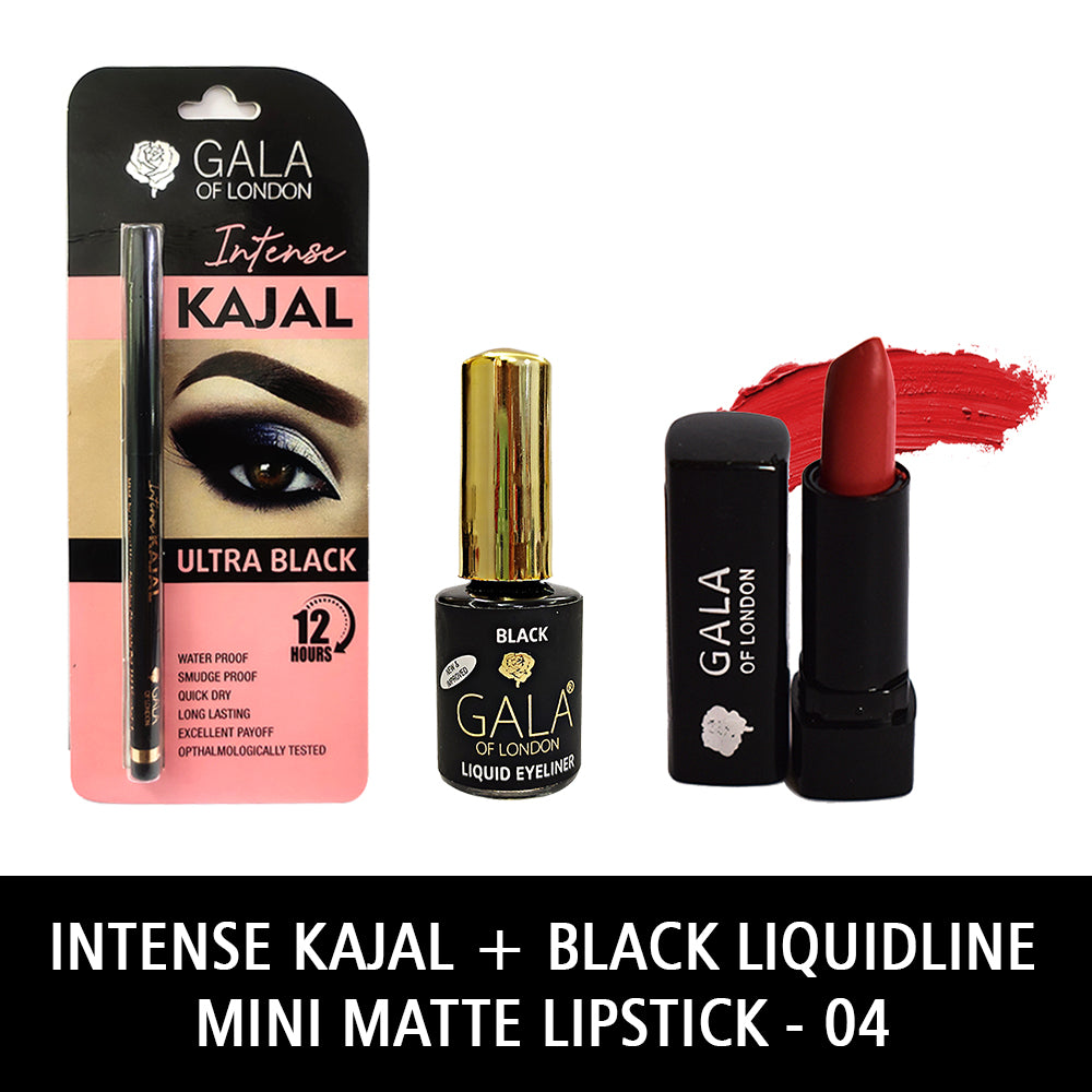 Gala of London Intense Kajal, Retro Eyeliner Black & Mini Matte Lipstick 04 Hot Red Combo