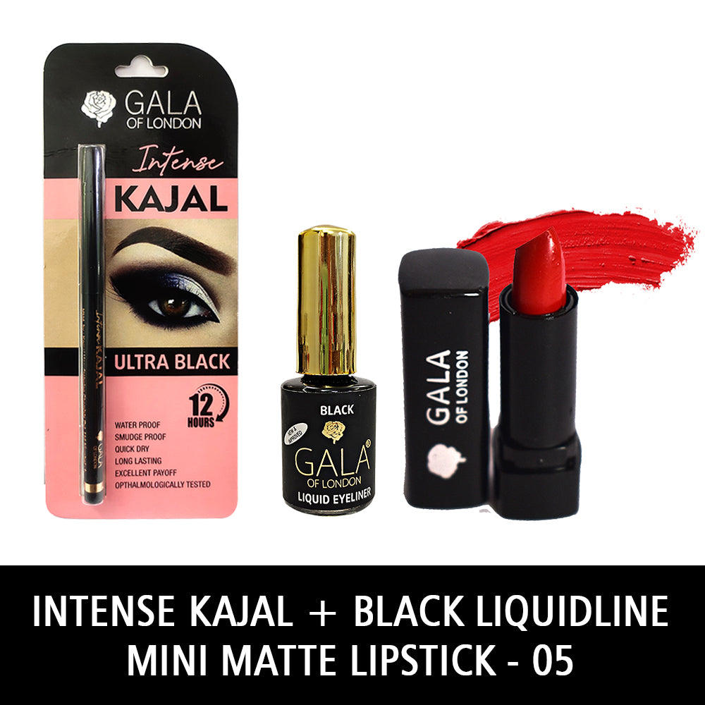 Gala of London Intense Kajal, Retro Eyeliner Black & Mini Matte Lipstick 05 Ruby Combo