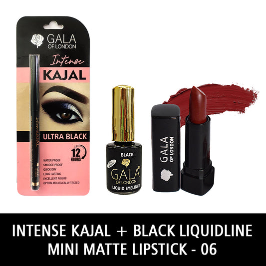 Gala of London Intense Kajal, Retro Eyeliner Black & Mini Matte Lipstick 06 Bride Combo