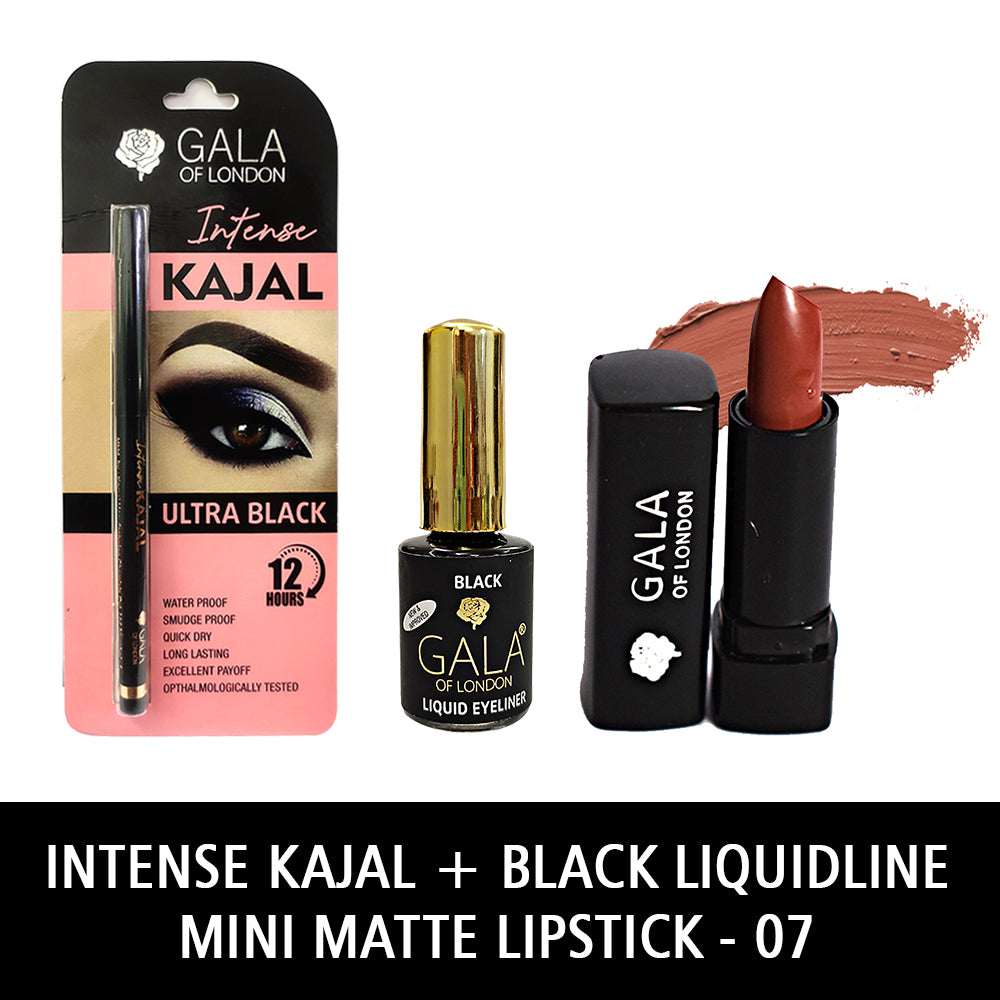 Gala of London Intense Kajal, Retro Eyeliner Black & Mini Matte Lipstick 07 Nude Combo