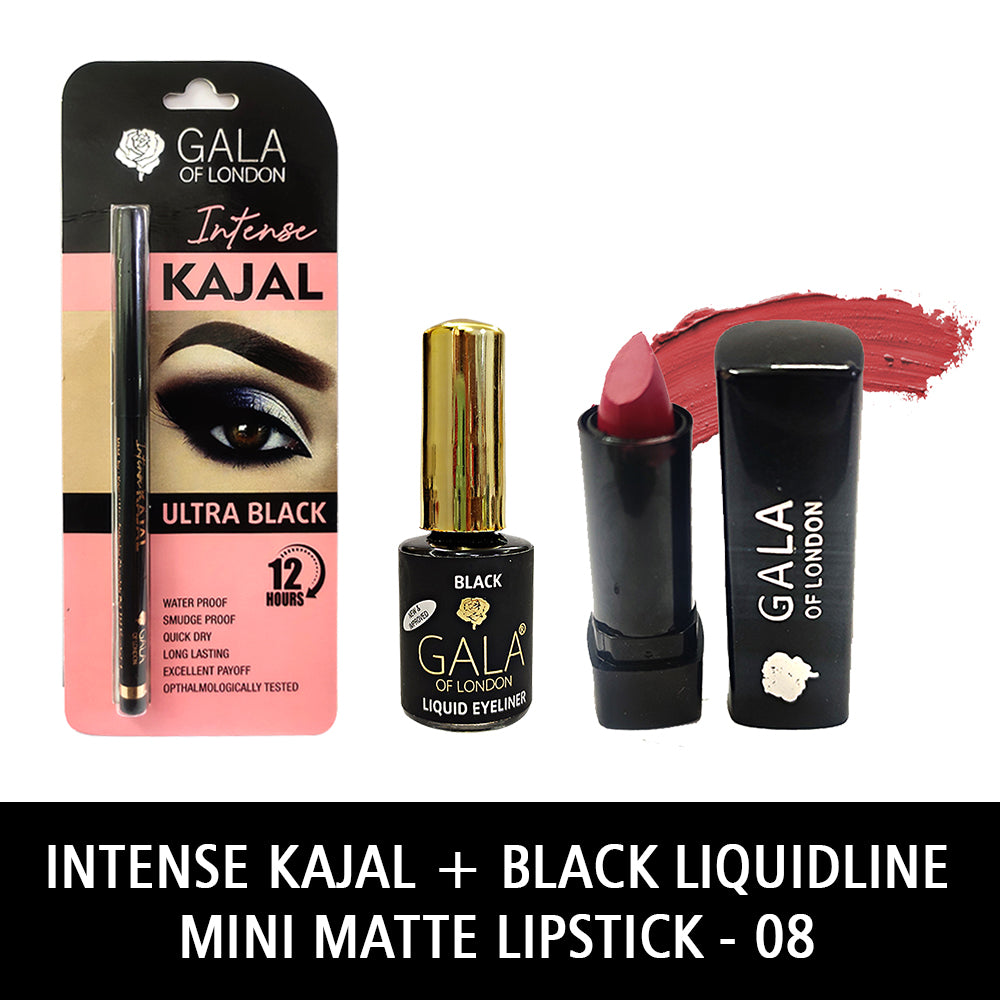 Gala of London Intense Kajal, Retro Eyeliner Black & Mini Matte Lipstick 08 Pink Lady Combo
