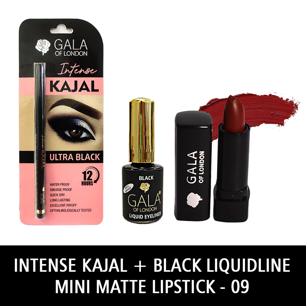 Gala of London Intense Kajal, Retro Eyeliner Black & Mini Matte Lipstick 09 Maroon combo