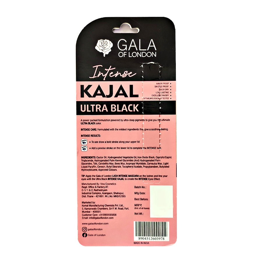 Gala of London Intense Kajal - Ultra Black, Opthalmologically Tested (0.30g)