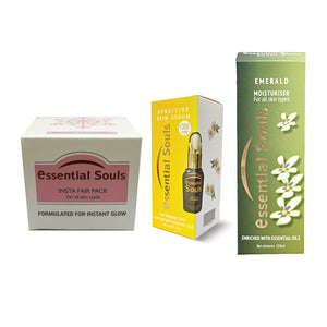 Essential Souls Fairness Kit/Insta Fair pack 50g/Sensitive Skin Serum 20ml/Emerald Moisturiser 100ml